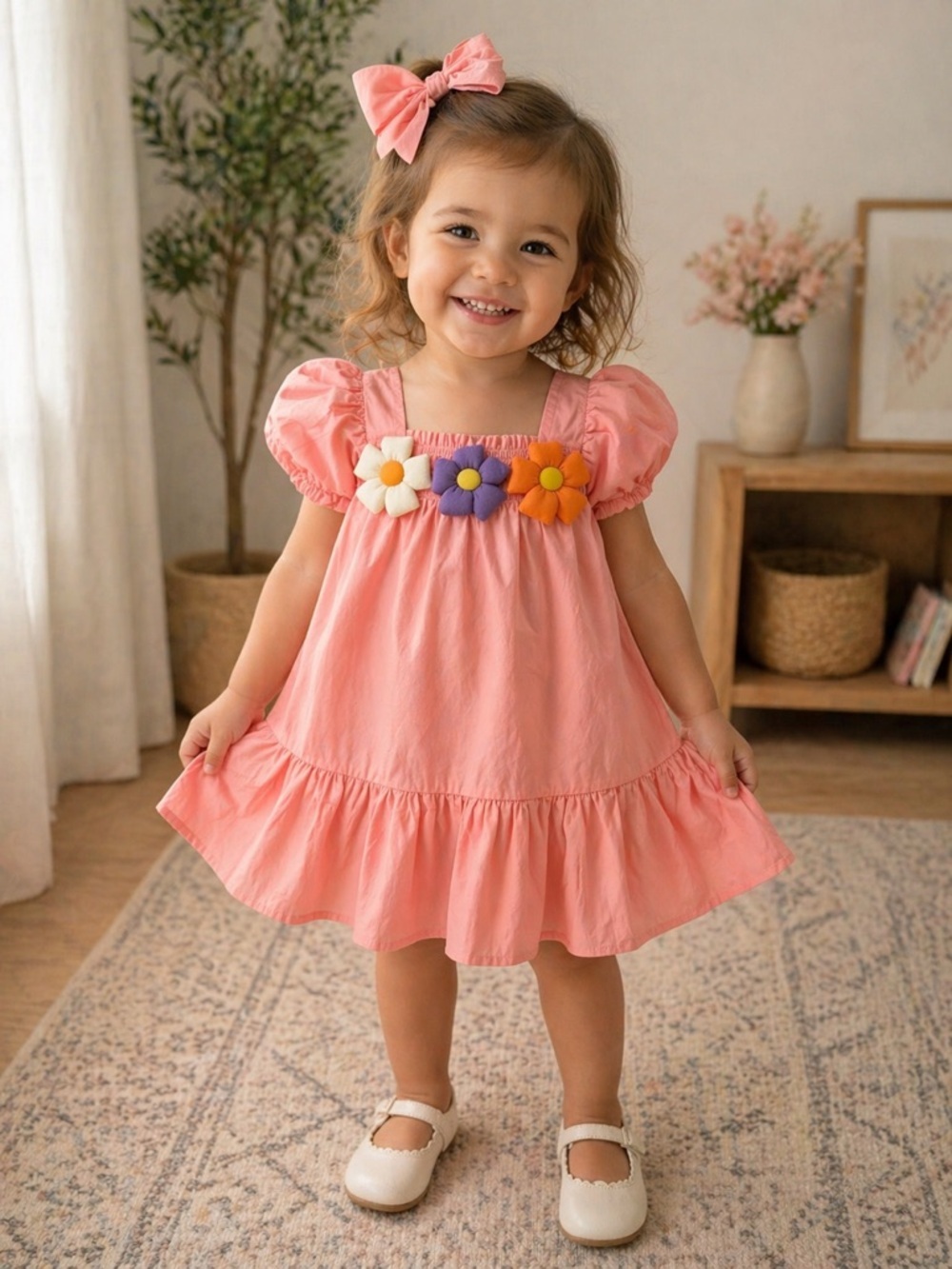 Lola + The Boys Pink Puff-Sleeve Dress with Flower Appliqués (025)